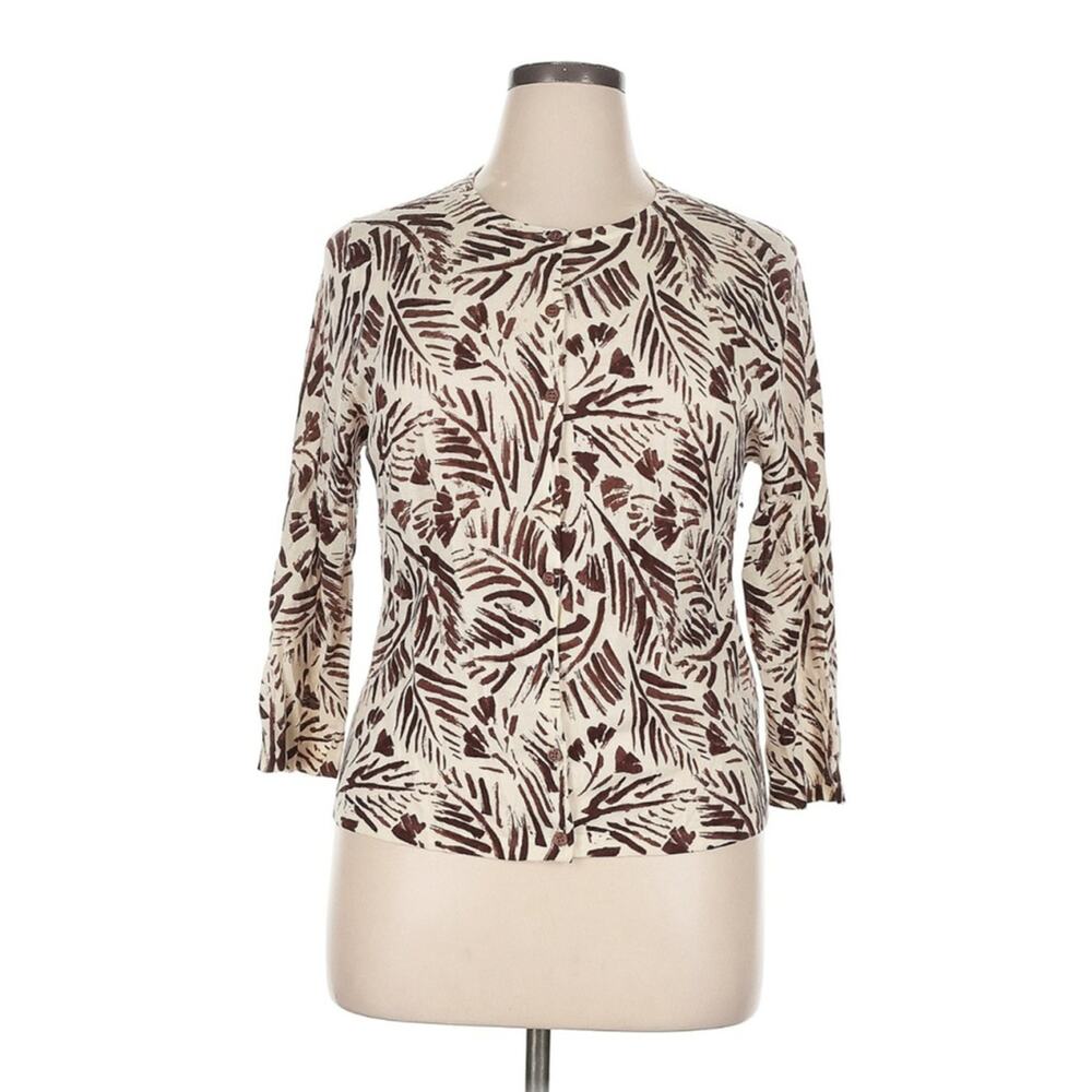 Garnet Hill 100% Merino Wool Cardigan‎ XL Brown Leaf Print Button Front Sweater